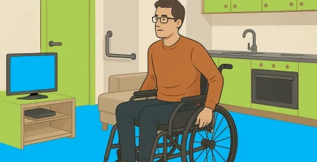 Ein Mann im Rollstuhl sitzt in einer barrierefreien Wohnung mit grün-blauer Farbgestaltung. Im Hintergrund sind Haltegriffe, eine ebenerdige Küche und ein Sofa zu sehen.