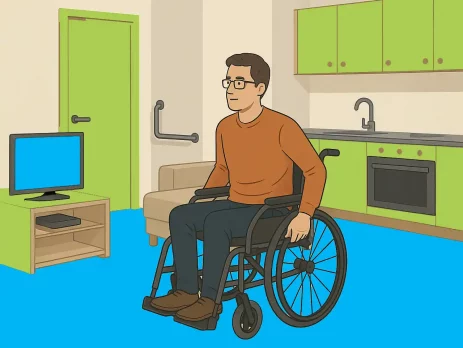 Ein Mann im Rollstuhl sitzt in einer barrierefreien Wohnung mit grün-blauer Farbgestaltung. Im Hintergrund sind Haltegriffe, eine ebenerdige Küche und ein Sofa zu sehen.