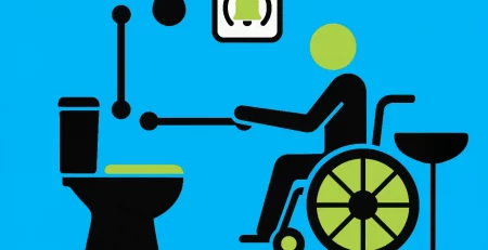 Rollstuhlfahrer im Bad mit Haltegriffen und Toilette, blauer Hintergrund