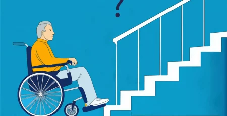 Älterer Mann im Rollstuhl vor einer Treppe. Grafik: KI