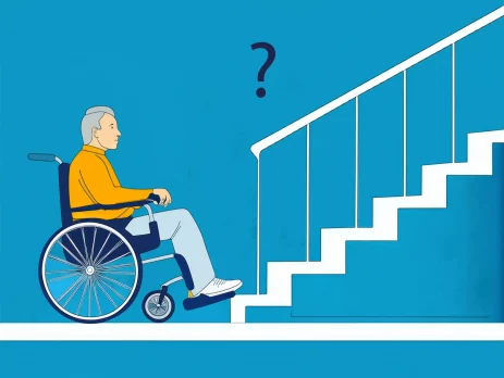 Älterer Mann im Rollstuhl vor einer Treppe. Grafik: KI