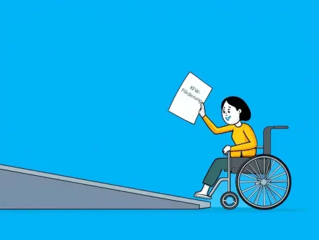 KI-Grafik: Frau vor Rollstuhlrampe mit KFW-Formular.