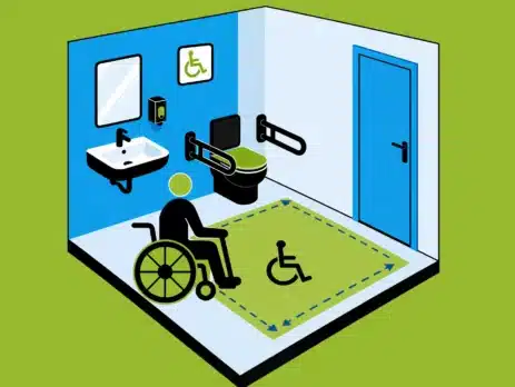 Barrierefreies WC nach DIN 18040 mit unterfahrbarem Waschbecken, Haltegriffen am WC, Notrufsystem und ausreichend großer Bewegungsfläche für einen Rollstuhlfahrer vor der Toilette.