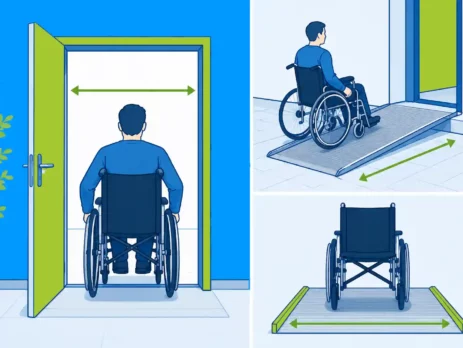 Illustration zur Breite eines Rollstuhls mit barrierefreiem Zugang. Die Grafik zeigt einen Rollstuhl an einer Tür, auf einer Rollstuhlrampe sowie die nutzbare Breite von Durchgängen und Rampen.